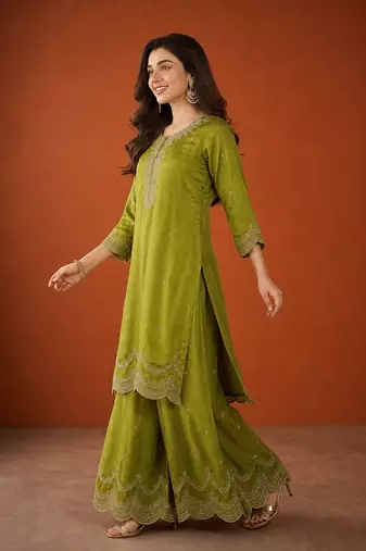 Embroidered Vichitra Silk Straight Kurta Sharara and Dupatta Set