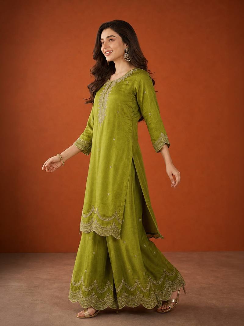 Embroidered Vichitra Silk Straight Kurta Sharara and Dupatta Set
