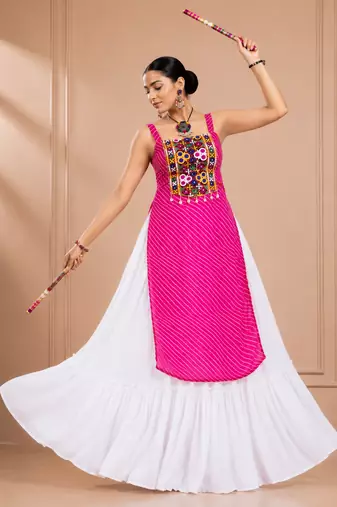 Pink Leheriya Print Kurti with Rayon Cotton Lehenga
