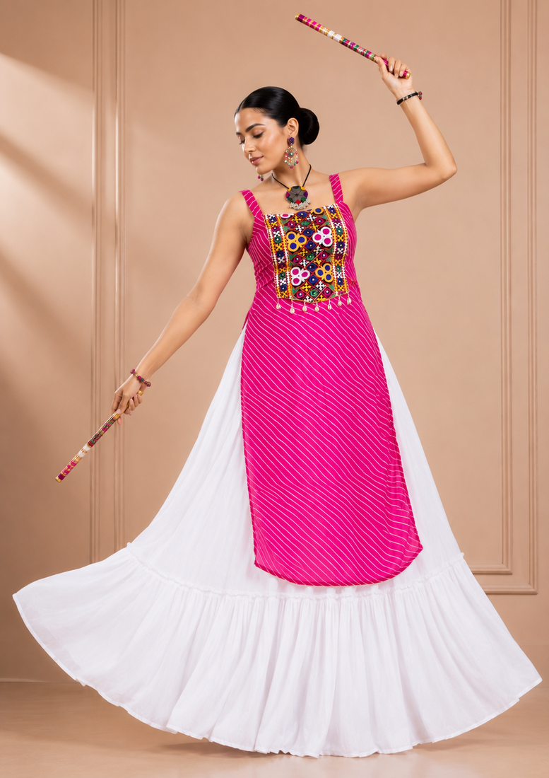 Pink Leheriya Print Kurti with Rayon Cotton Lehenga
