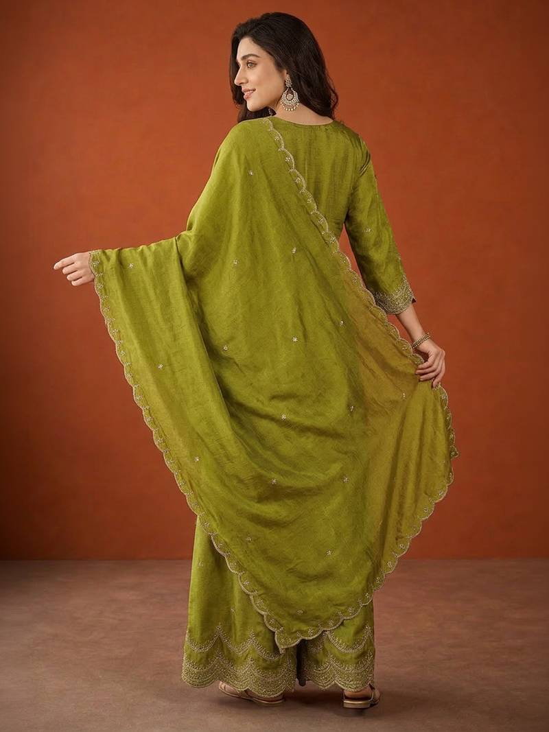 Embroidered Vichitra Silk Straight Kurta Sharara and Dupatta Set