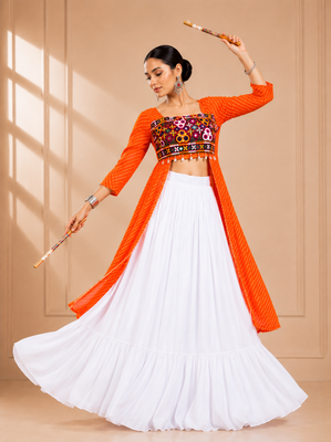 Orange Leheriya Print Kurti with Rayon Cotton Lehenga 4