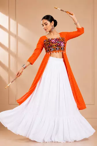 Orange Leheriya Print Kurti with Rayon Cotton Lehenga