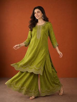 Embroidered Vichitra Silk Straight Kurta Sharara and Dupatta Set 5