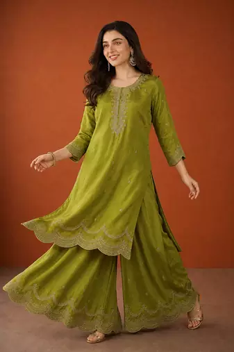 Embroidered Vichitra Silk Straight Kurta Sharara and Dupatta Set