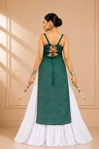 Teal Green Leheriya Print Kurti with Rayon Cotton Lehenga