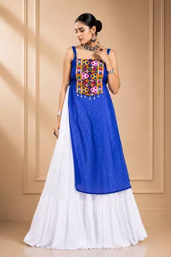 Blue Leheriya Print Kurti with Rayon Cotton Lehenga
