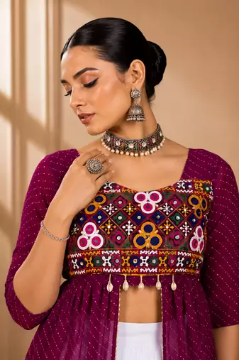 Wine Leheriya Print Kurti with Rayon Cotton Lehenga