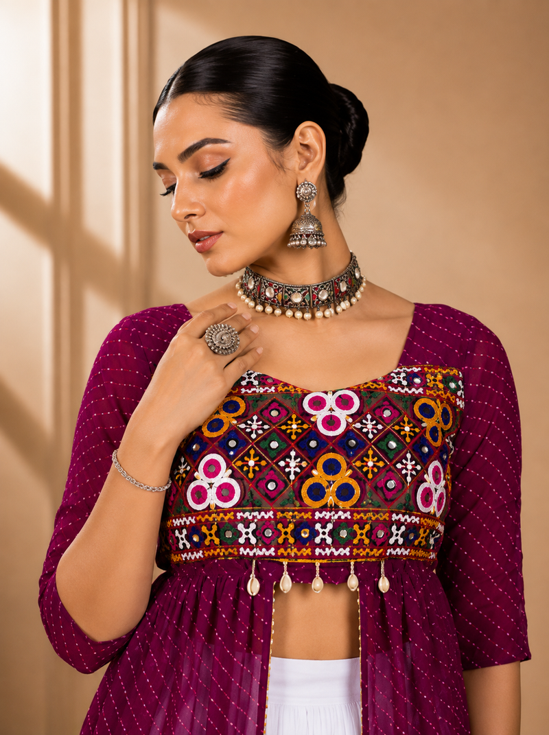 Wine Leheriya Print Kurti with Rayon Cotton Lehenga