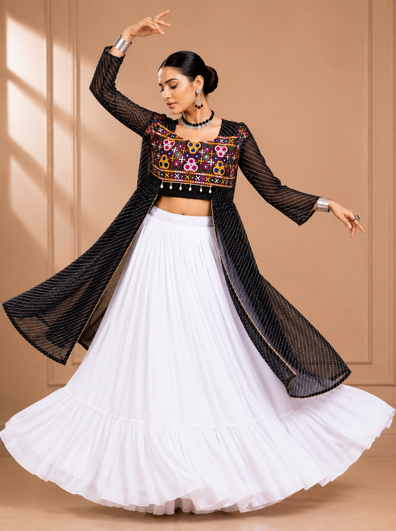 Black Leheriya Print Kurti with Rayon Cotton Lehenga