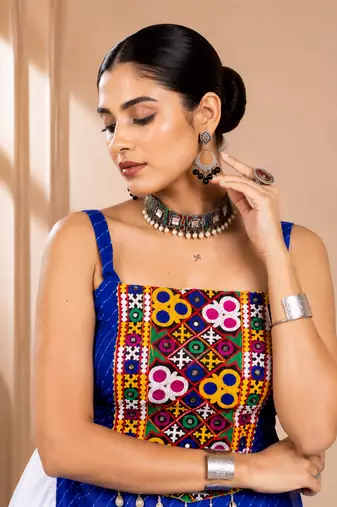 Blue Leheriya Print Kurti with Rayon Cotton Lehenga