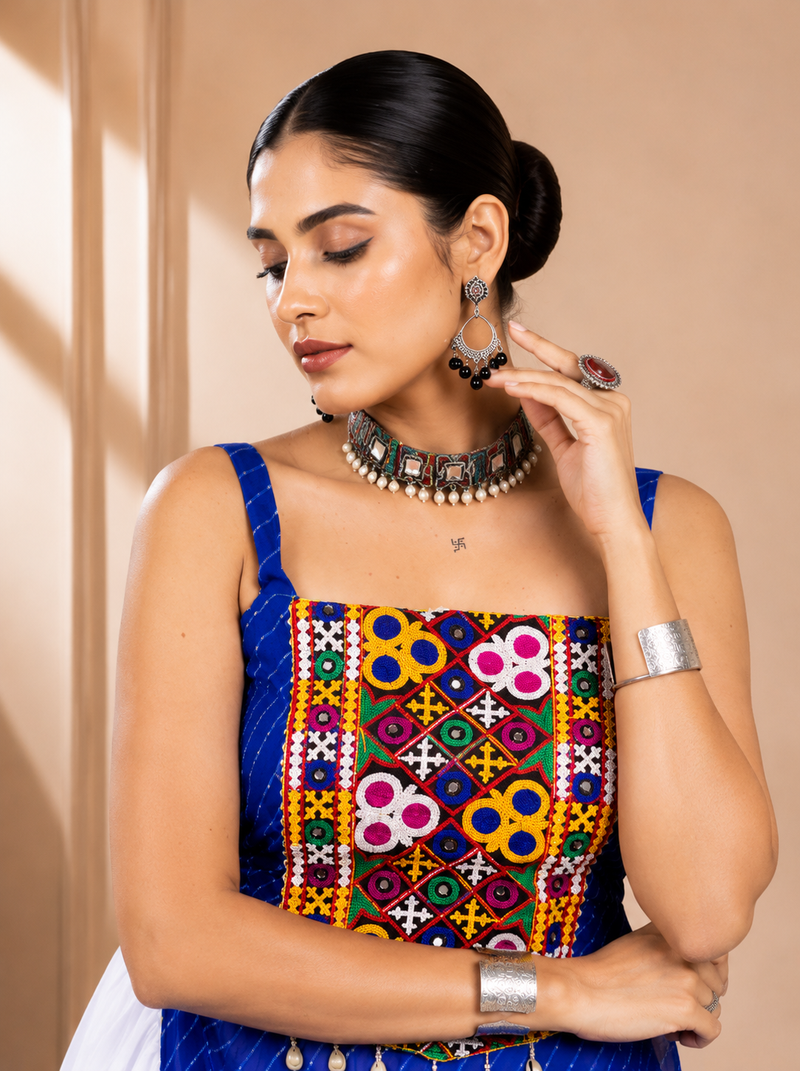 Blue Leheriya Print Kurti with Rayon Cotton Lehenga