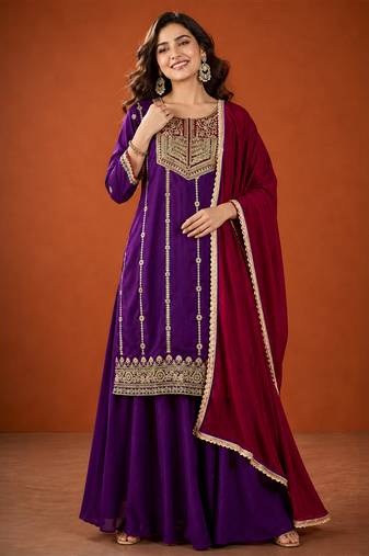 Embroidered Vichitra Silk Straight Kurta Sharara and Dupatta Set