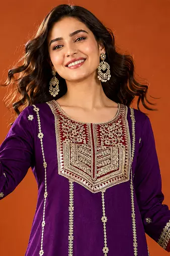 Embroidered Vichitra Silk Straight Kurta Sharara and Dupatta Set