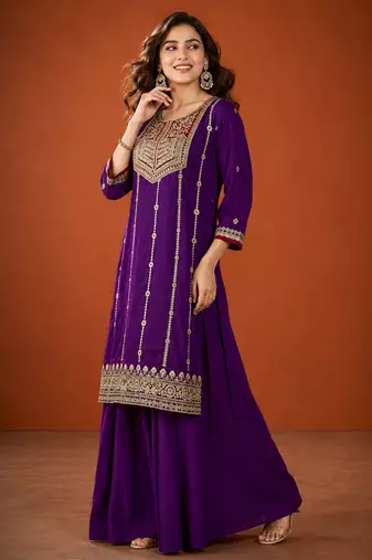 Embroidered Vichitra Silk Straight Kurta Sharara and Dupatta Set