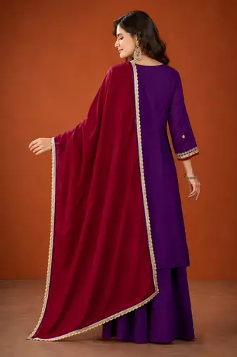 Embroidered Vichitra Silk Straight Kurta Sharara and Dupatta Set