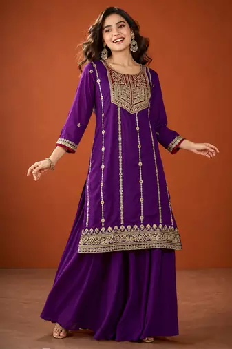 Embroidered Vichitra Silk Straight Kurta Sharara and Dupatta Set
