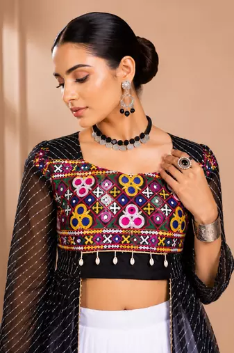 Black Leheriya Print Kurti with Rayon Cotton Lehenga