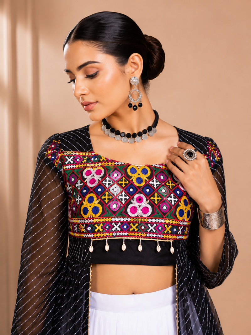 Black Leheriya Print Kurti with Rayon Cotton Lehenga