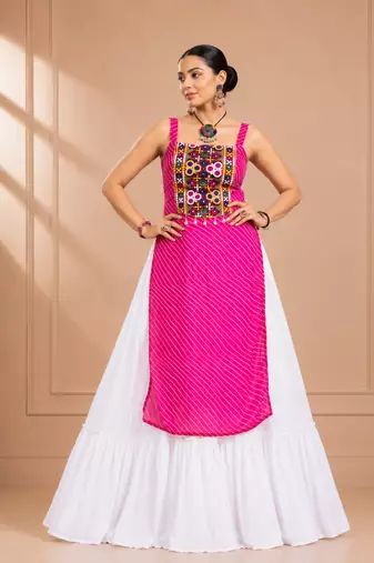 Pink Leheriya Print Kurti with Rayon Cotton Lehenga