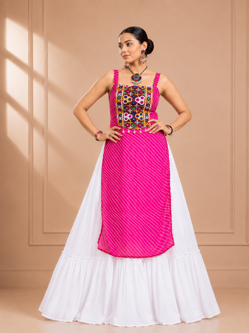 Pink Leheriya Print Kurti with Rayon Cotton Lehenga