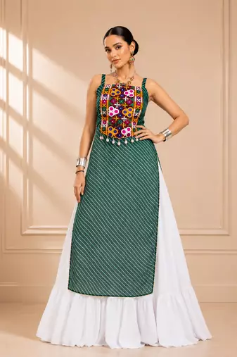 Teal Green Leheriya Print Kurti with Rayon Cotton Lehenga