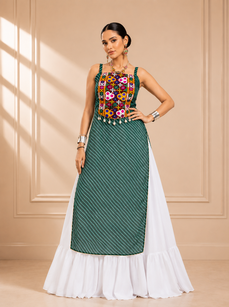Teal Green Leheriya Print Kurti with Rayon Cotton Lehenga