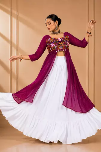 Wine Leheriya Print Kurti with Rayon Cotton Lehenga