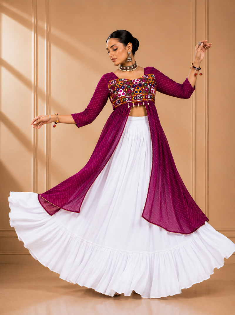 Wine Leheriya Print Kurti with Rayon Cotton Lehenga