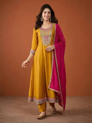 Women's Beautiful Embroidery Work Vichitra Silk Fabric Flared Anarkali Pant and Dupatta Set 1