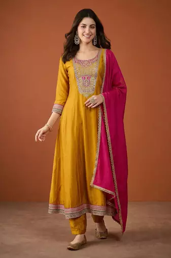 Women's Beautiful Embroidery Work Vichitra Silk Fabric Flared Anarkali Pant and Dupatta Set