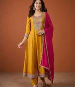 Women's Beautiful Embroidery Work Vichitra Silk Fabric Flared Anarkali Pant and Dupatta Set