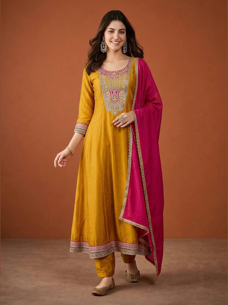 Women's Beautiful Embroidery Work Vichitra Silk Fabric Flared Anarkali Pant and Dupatta Set