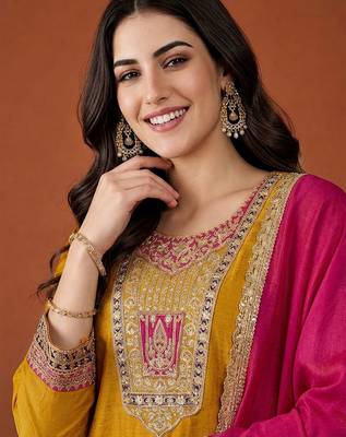 Women's Beautiful Embroidery Work Vichitra Silk Fabric Flared Anarkali Pant and Dupatta Set 2