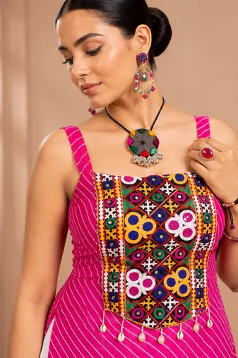 Pink Leheriya Print Kurti with Rayon Cotton Lehenga