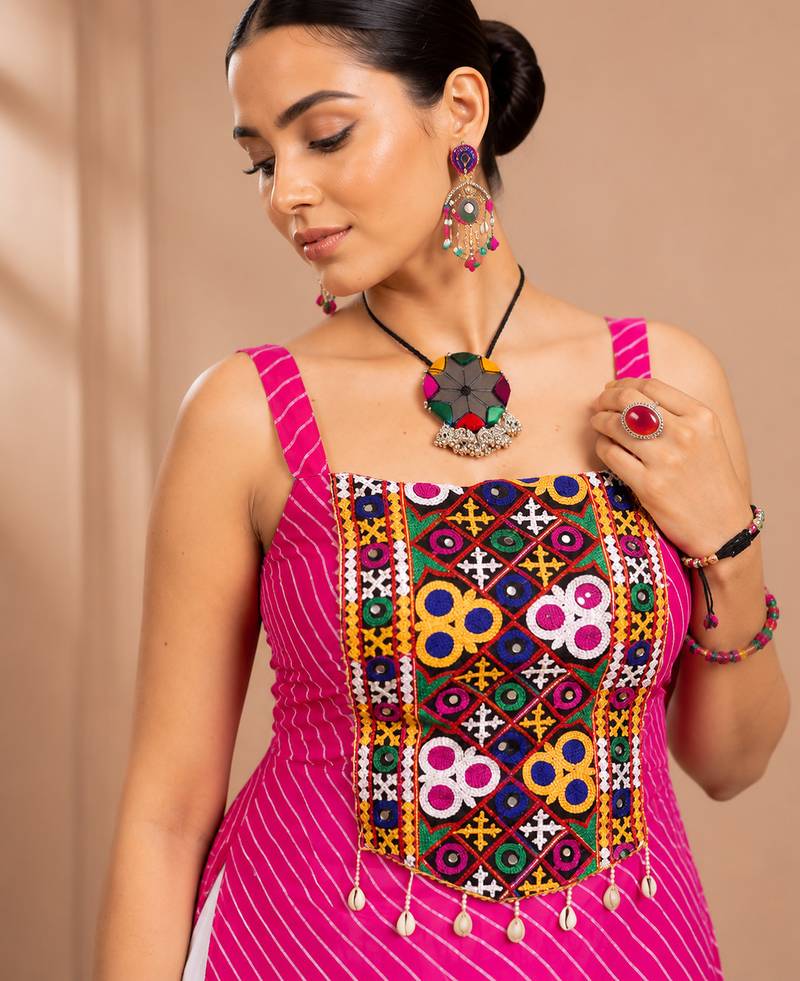 Pink Leheriya Print Kurti with Rayon Cotton Lehenga