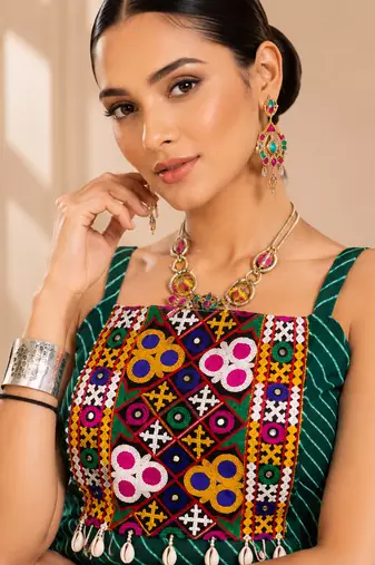 Teal Green Leheriya Print Kurti with Rayon Cotton Lehenga