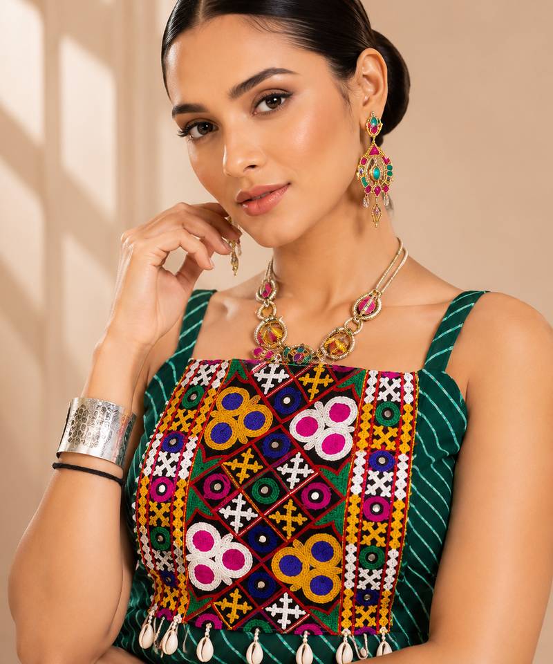 Teal Green Leheriya Print Kurti with Rayon Cotton Lehenga