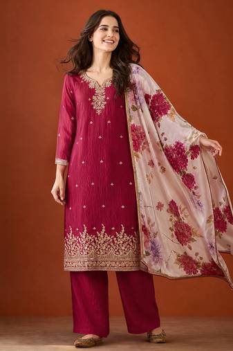 Embroidered Silk Straight Kurta Pant and Dupatta Set