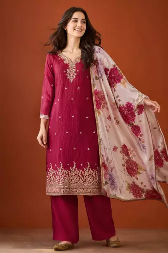 Embroidered Silk Straight Kurta Pant and Dupatta Set