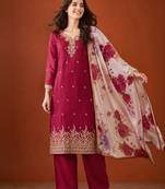 Embroidered Silk Straight Kurta Pant and Dupatta Set
