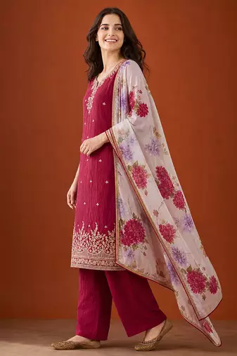 Embroidered Silk Straight Kurta Pant and Dupatta Set