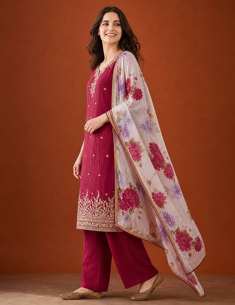 Embroidered Silk Straight Kurta Pant and Dupatta Set