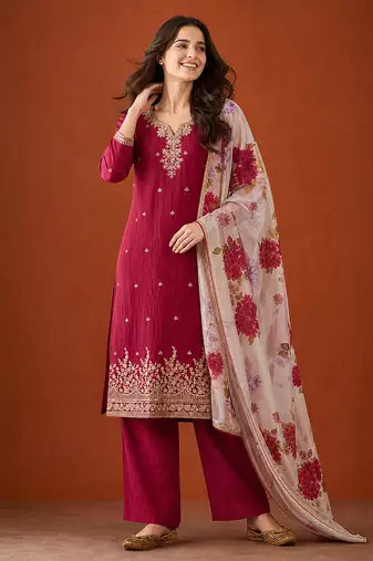 Embroidered Silk Straight Kurta Pant and Dupatta Set