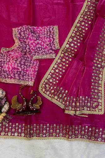 New Soft jimmy Satin Sequence embroidery Work Saree With Blouse Set For Women's