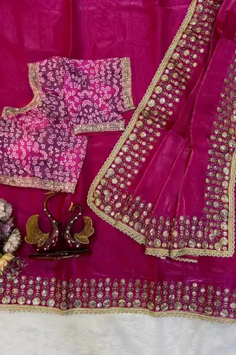 New Soft jimmy Satin Sequence embroidery Work Saree With Blouse Set For Women's