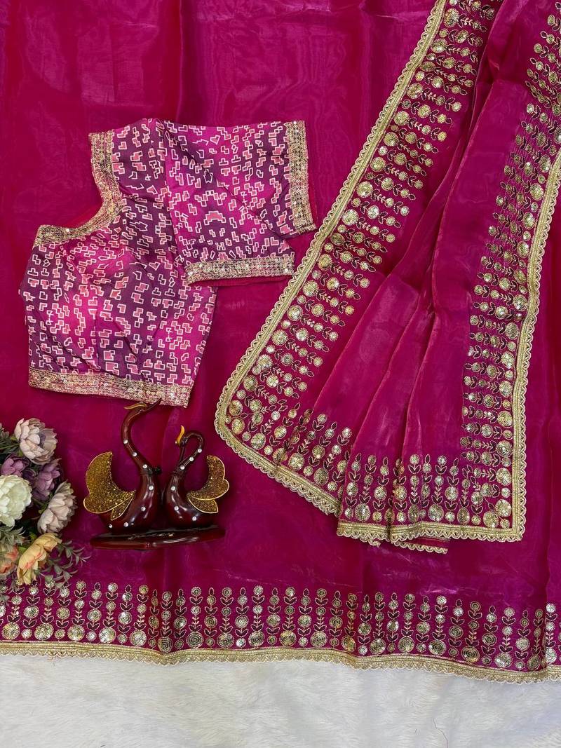 New Soft jimmy Satin Sequence embroidery Work Saree With Blouse Set For Women's