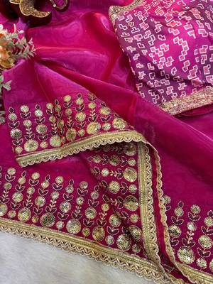 New Soft jimmy Satin Sequence embroidery Work Saree With Blouse Set For Women's 3