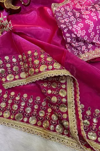 New Soft jimmy Satin Sequence embroidery Work Saree With Blouse Set For Women's