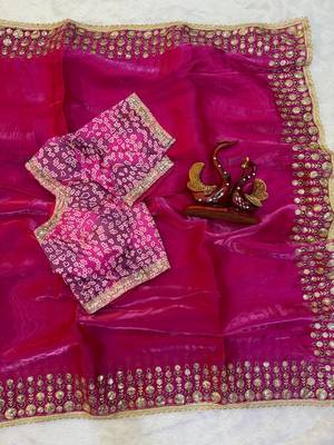 New Soft jimmy Satin Sequence embroidery Work Saree With Blouse Set For Women's 5